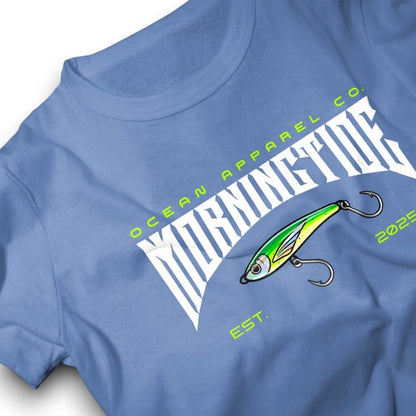 camiseta azul de algodón con diseño de pesca con señuelo y el océano