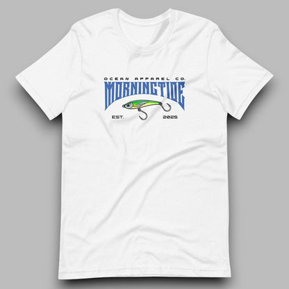 camiseta blanca de algodón con diseño de pesca con señuelo y el océano