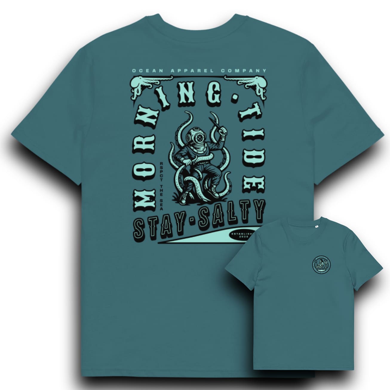 camiseta azul verde de algodón con diseño de buzo, pulpo y sirena