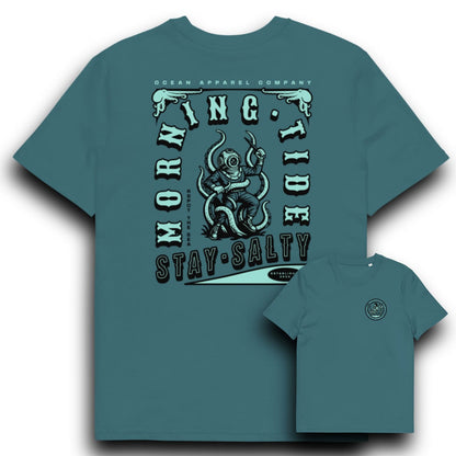 camiseta azul verde de algodón con diseño de buzo, pulpo y sirena